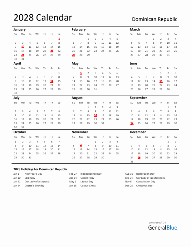 Standard Holiday Calendar for 2028 with Dominican Republic Holidays 