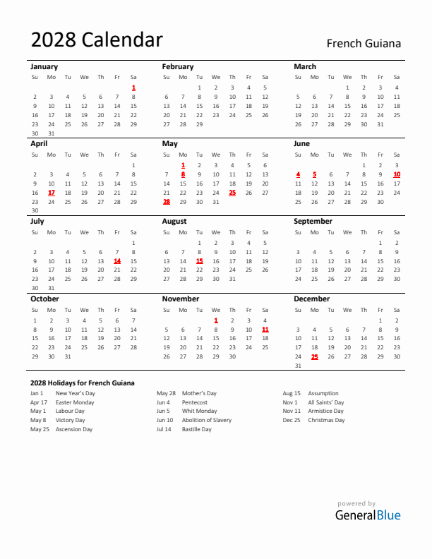 Standard Holiday Calendar for 2028 with French Guiana Holidays 