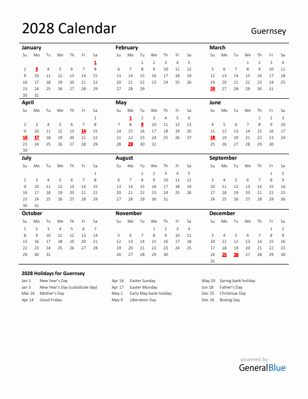 Standard Holiday Calendar for 2028 with Guernsey Holidays 