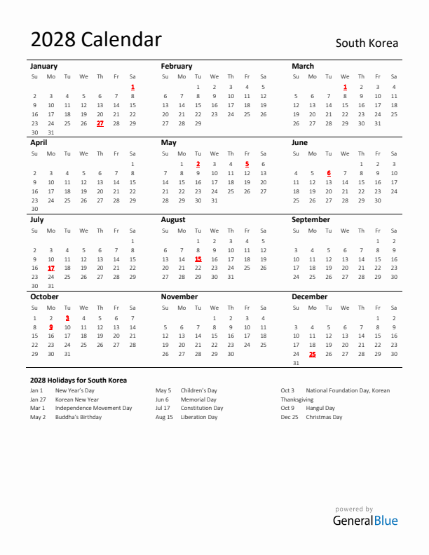 Standard Holiday Calendar for 2028 with South Korea Holidays 