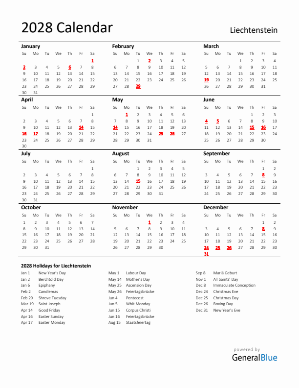 Standard Holiday Calendar for 2028 with Liechtenstein Holidays 