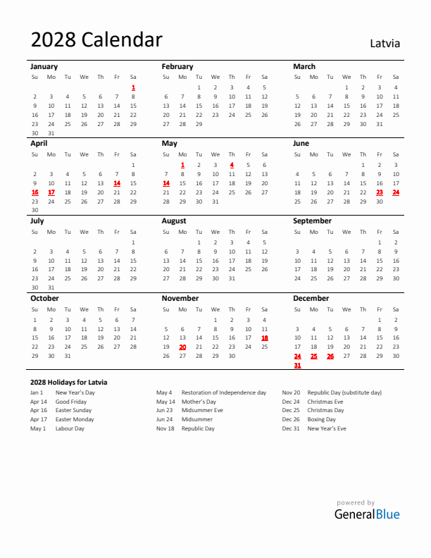 Standard Holiday Calendar for 2028 with Latvia Holidays 