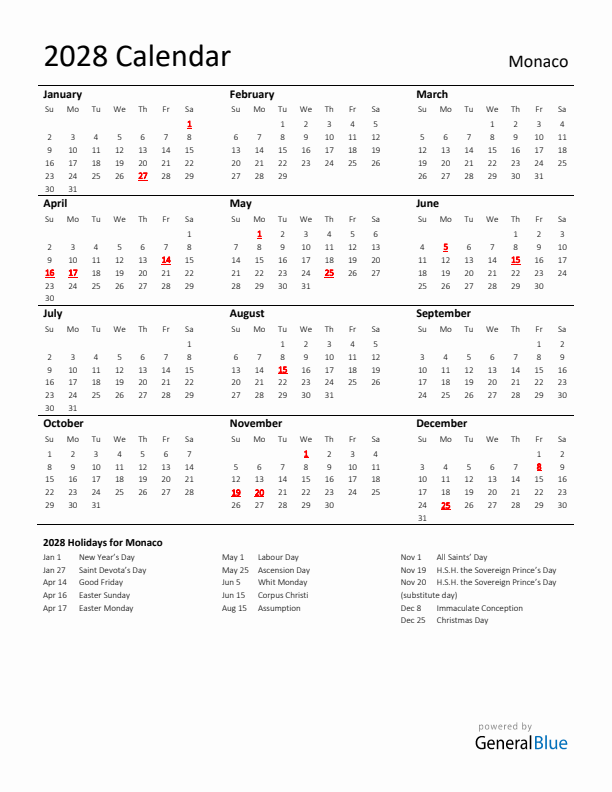 Standard Holiday Calendar for 2028 with Monaco Holidays 