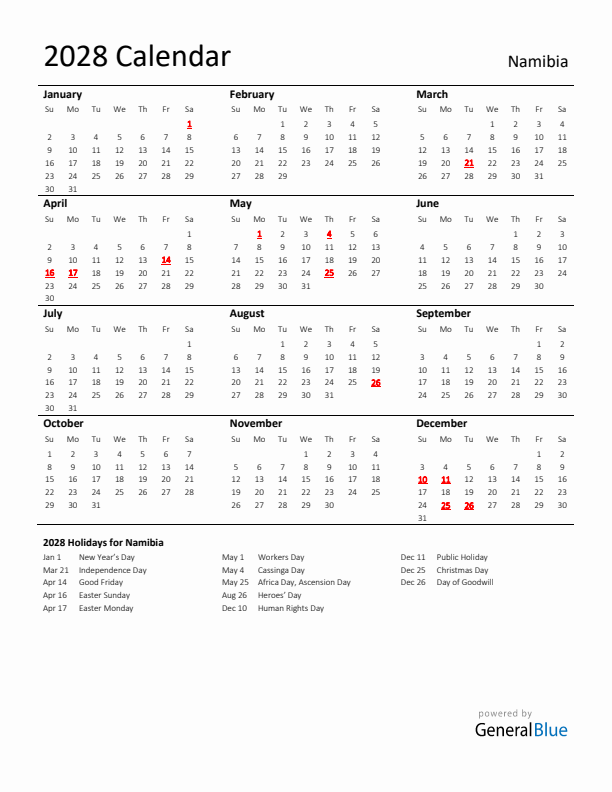 Standard Holiday Calendar for 2028 with Namibia Holidays 