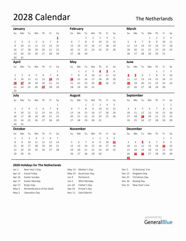 Standard Holiday Calendar for 2028 with The Netherlands Holidays 