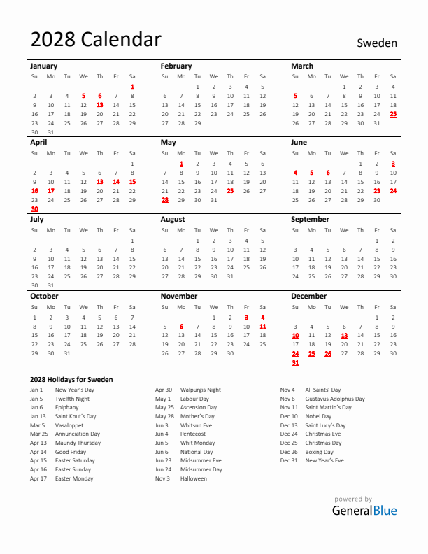 Standard Holiday Calendar for 2028 with Sweden Holidays 