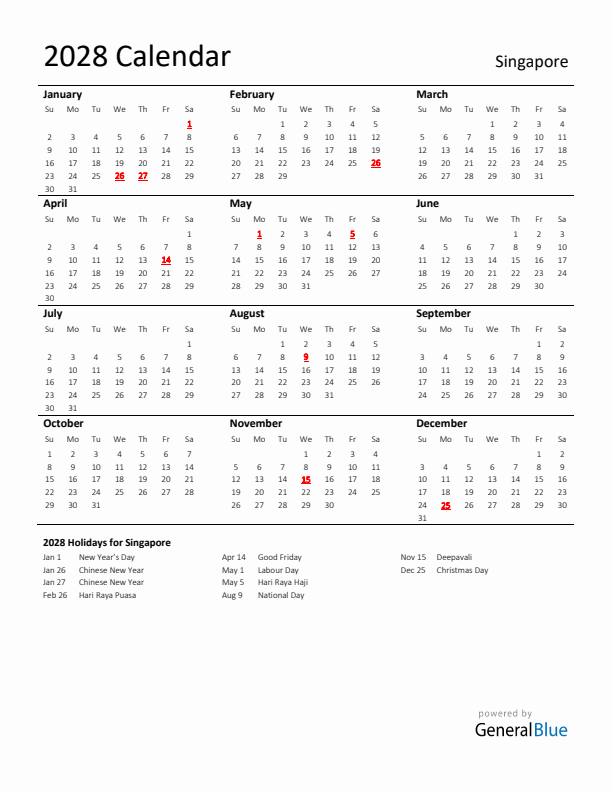 Standard Holiday Calendar for 2028 with Singapore Holidays 