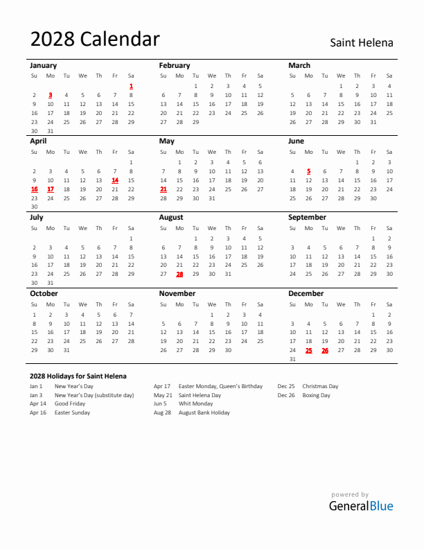 Standard Holiday Calendar for 2028 with Saint Helena Holidays 