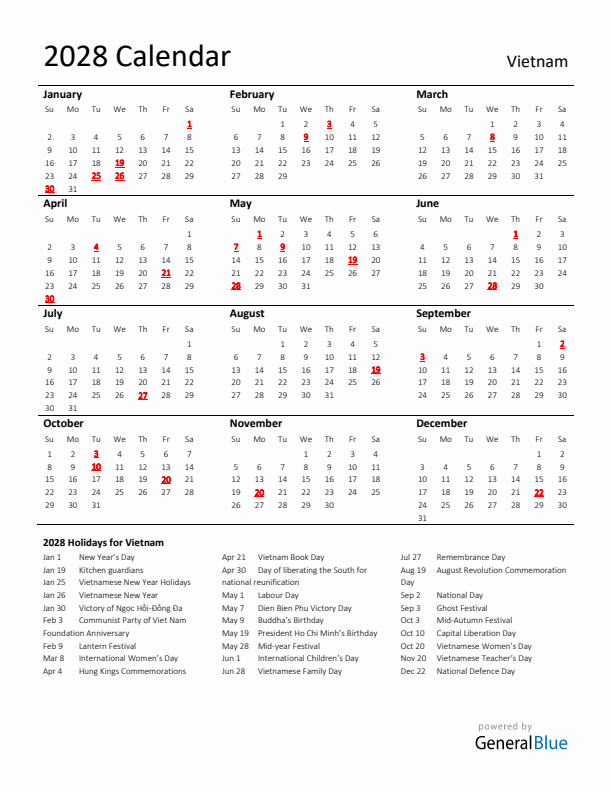 Standard Holiday Calendar for 2028 with Vietnam Holidays 