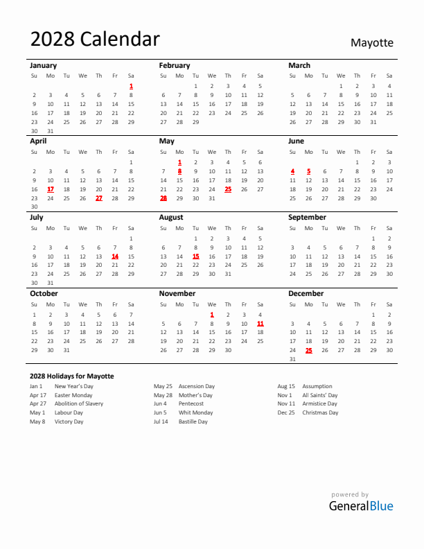 Standard Holiday Calendar for 2028 with Mayotte Holidays 