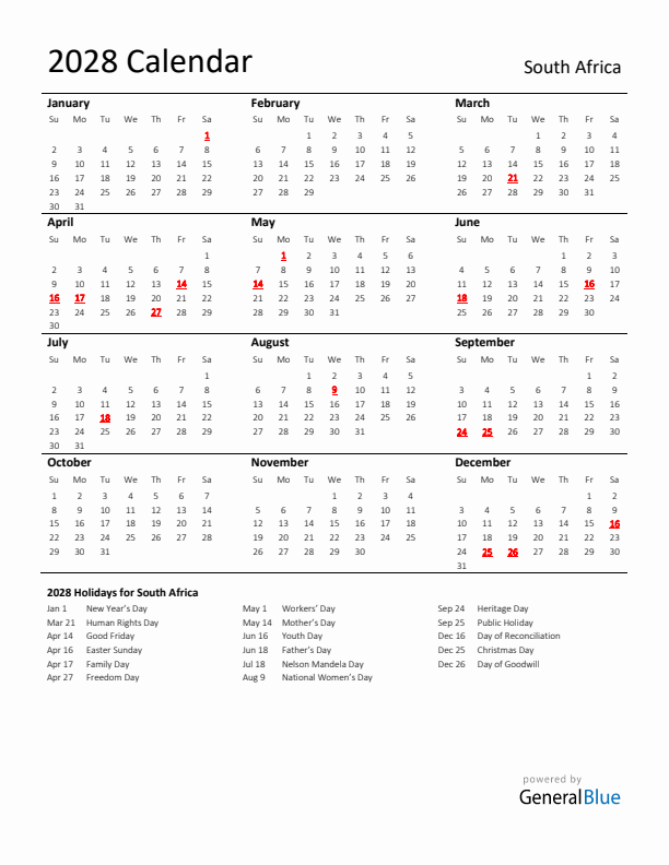 Standard Holiday Calendar for 2028 with South Africa Holidays 