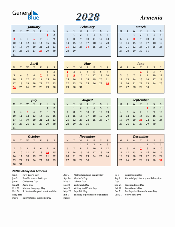 Armenia Calendar 2028 with Monday Start