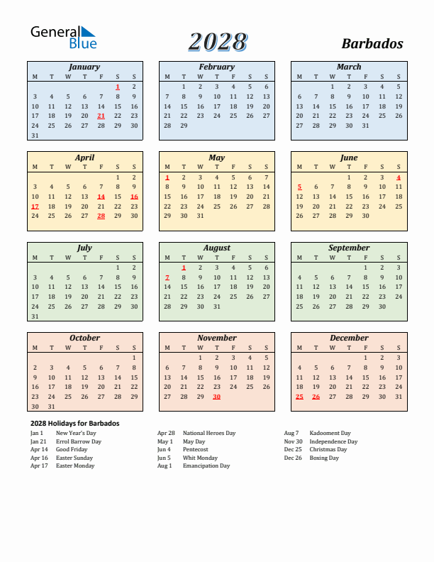 Barbados Calendar 2028 with Monday Start