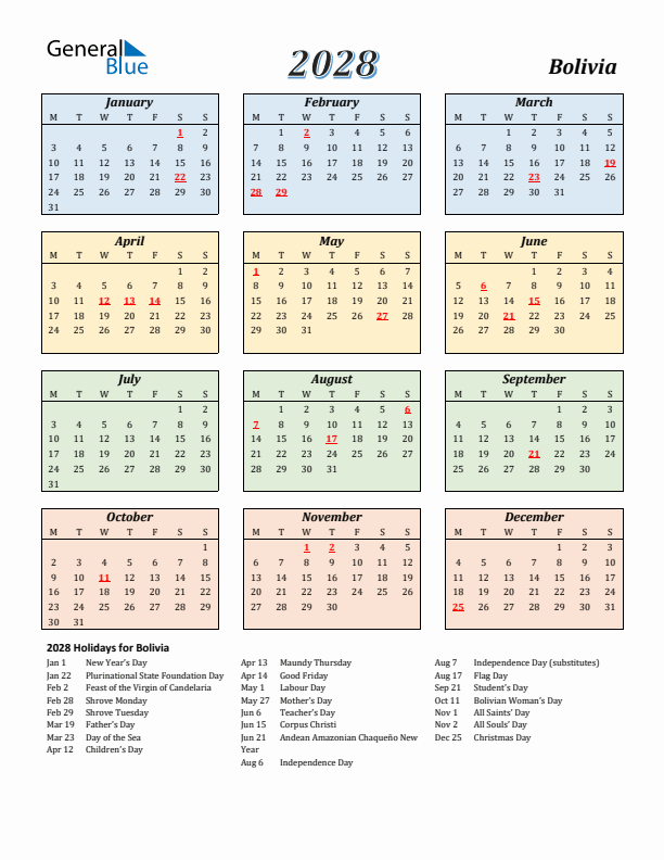 Bolivia Calendar 2028 with Monday Start