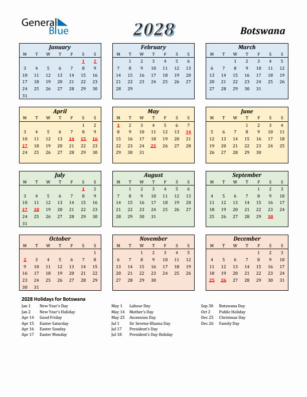 Botswana Calendar 2028 with Monday Start