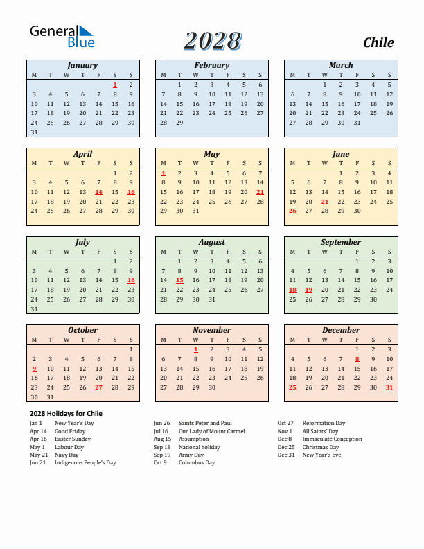 Chile Calendar 2028 with Monday Start