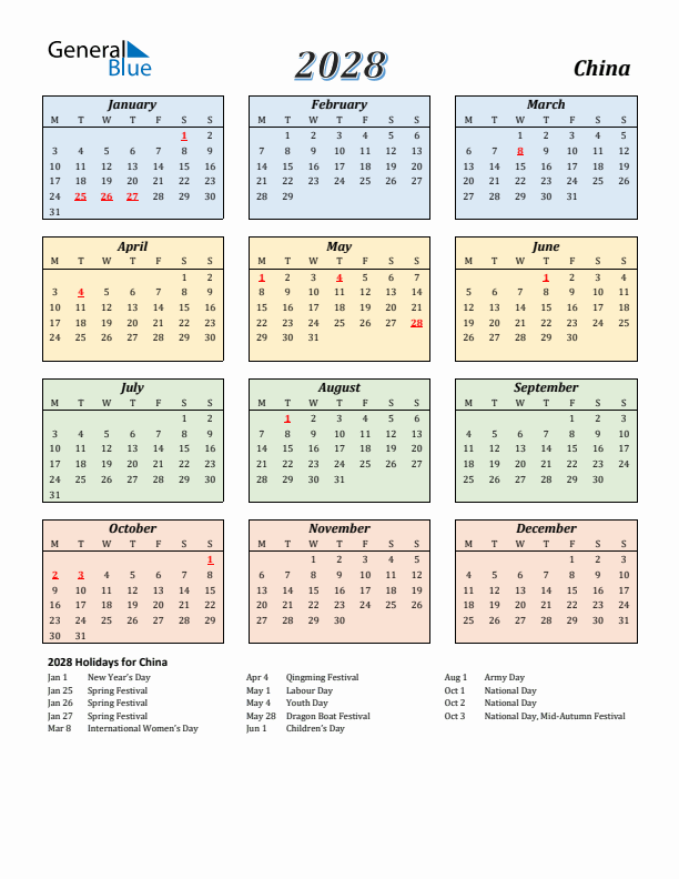 China Calendar 2028 with Monday Start