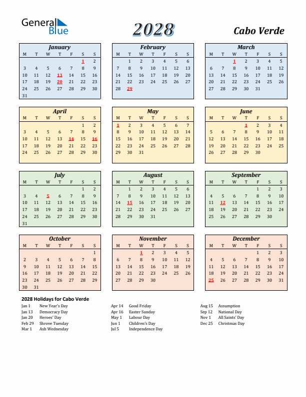 Cabo Verde Calendar 2028 with Monday Start