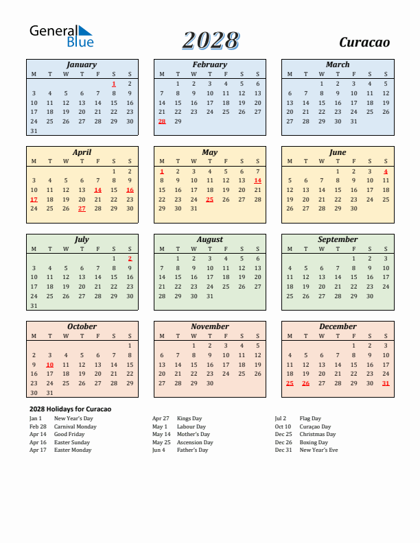 Curacao Calendar 2028 with Monday Start