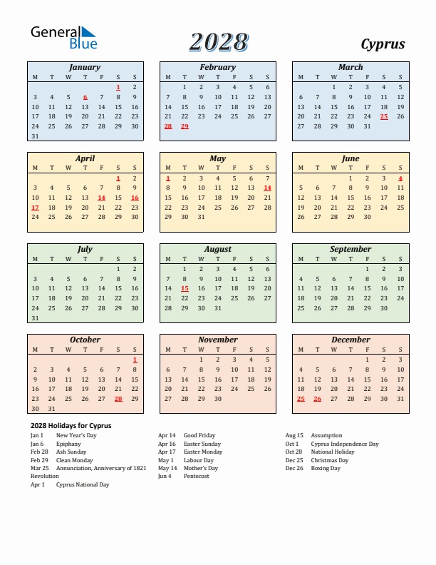 Cyprus Calendar 2028 with Monday Start