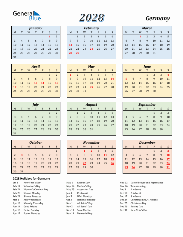 Germany Calendar 2028 with Monday Start