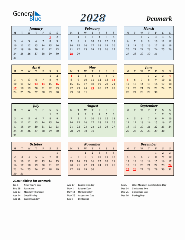 Denmark Calendar 2028 with Monday Start