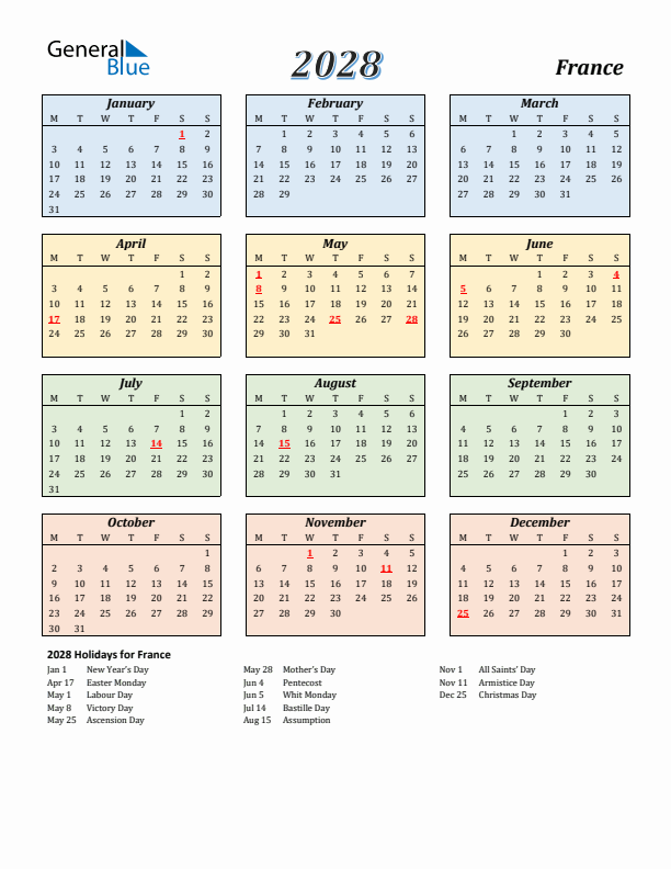 France Calendar 2028 with Monday Start