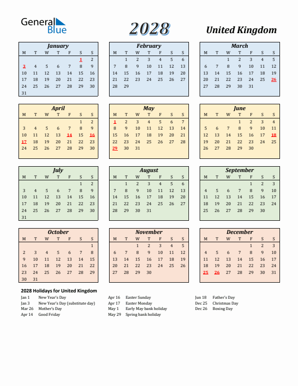 United Kingdom Calendar 2028 with Monday Start