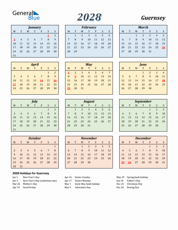 Guernsey Calendar 2028 with Monday Start