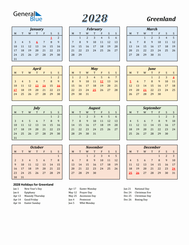 Greenland Calendar 2028 with Monday Start