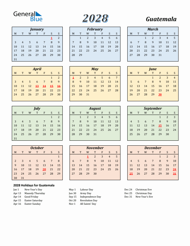 Guatemala Calendar 2028 with Monday Start