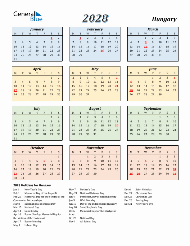 Hungary Calendar 2028 with Monday Start