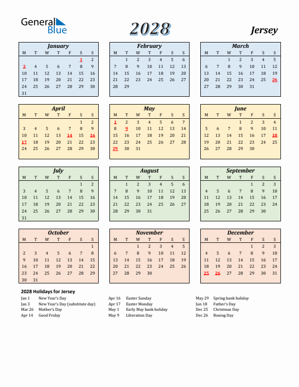 Jersey Calendar 2028 with Monday Start