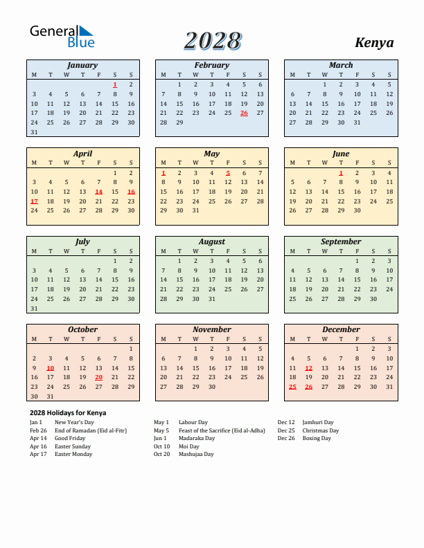 Kenya Calendar 2028 with Monday Start