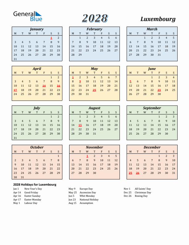 Luxembourg Calendar 2028 with Monday Start