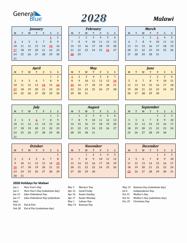 Malawi Calendar 2028 with Monday Start