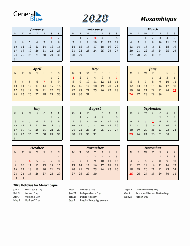 Mozambique Calendar 2028 with Monday Start