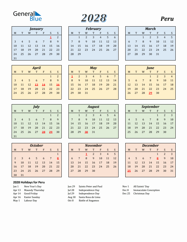 Peru Calendar 2028 with Monday Start