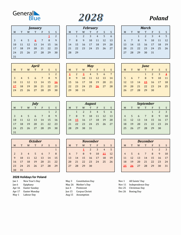 Poland Calendar 2028 with Monday Start