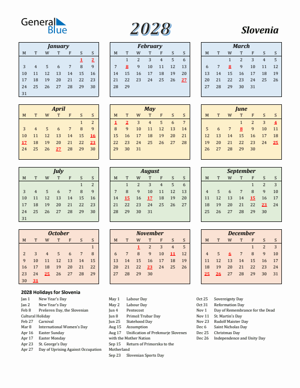 Slovenia Calendar 2028 with Monday Start