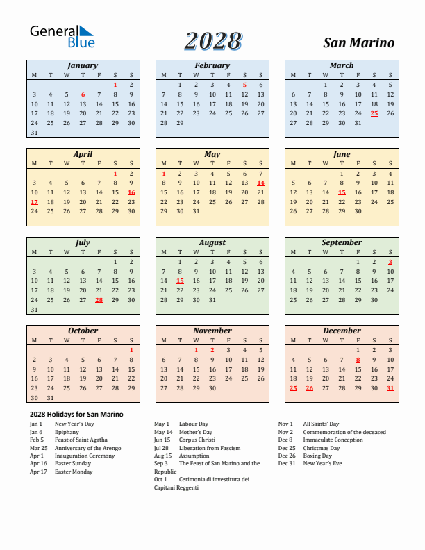 San Marino Calendar 2028 with Monday Start