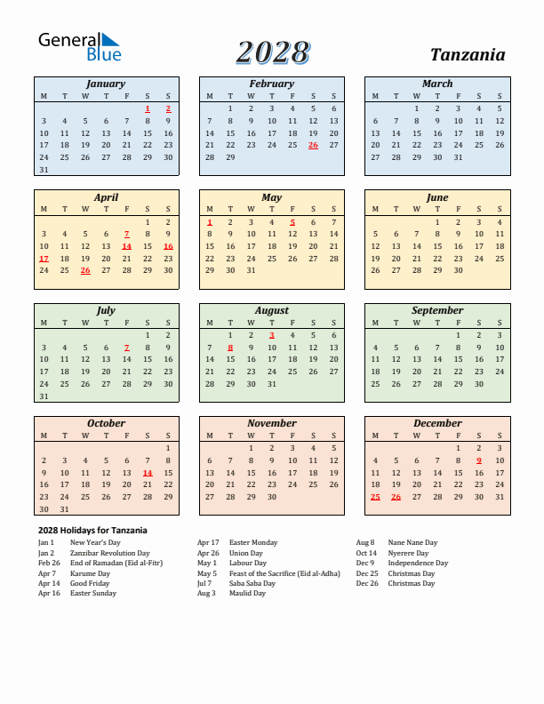 Tanzania Calendar 2028 with Monday Start