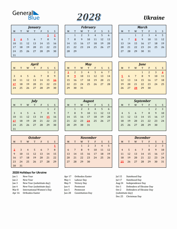 Ukraine Calendar 2028 with Monday Start