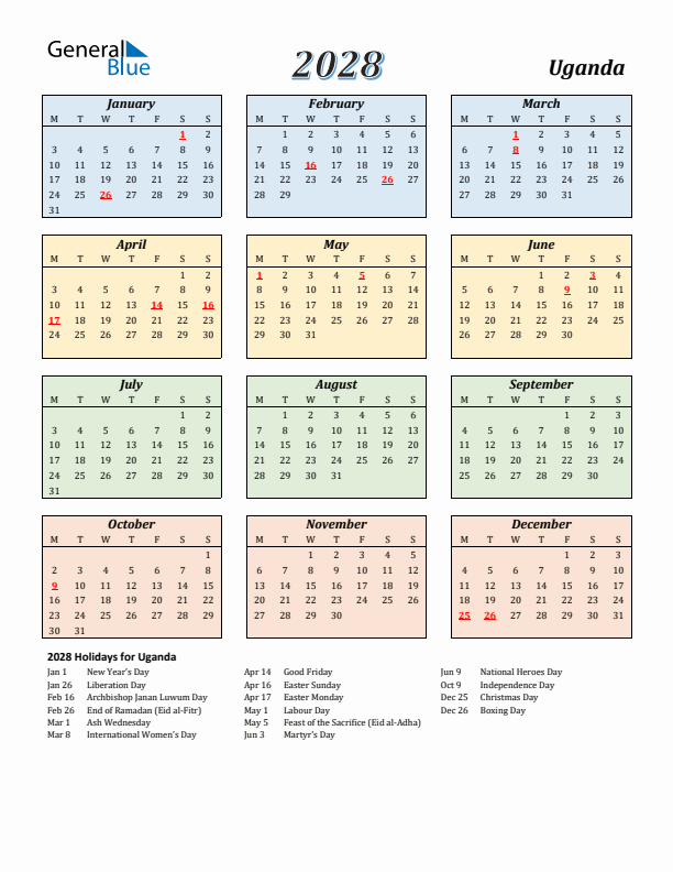 Uganda Calendar 2028 with Monday Start