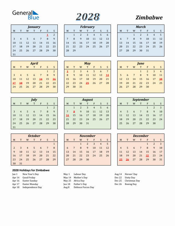 Zimbabwe Calendar 2028 with Monday Start