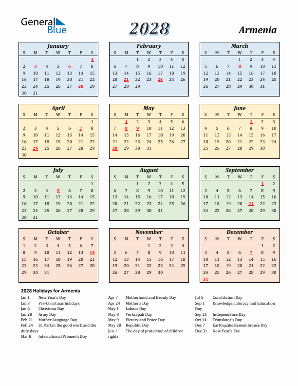 Armenia Calendar 2028 with Sunday Start