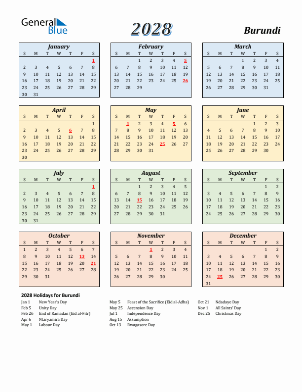 Burundi Calendar 2028 with Sunday Start