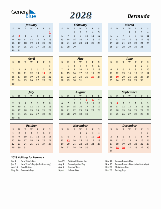 Bermuda Calendar 2028 with Sunday Start