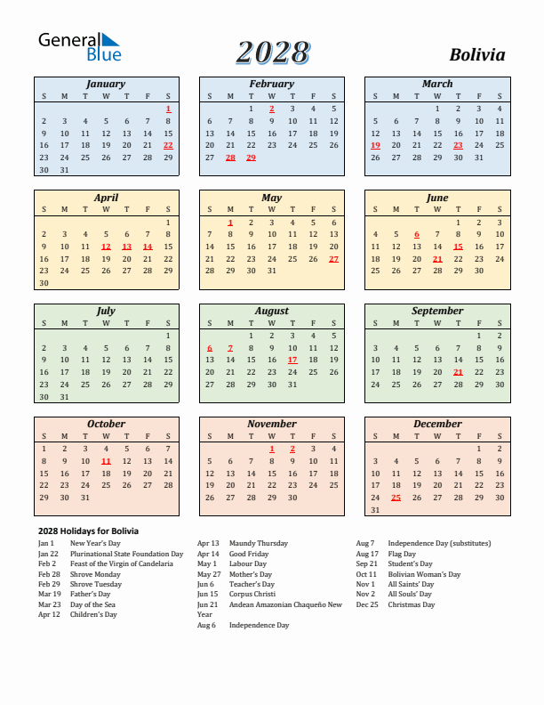 Bolivia Calendar 2028 with Sunday Start