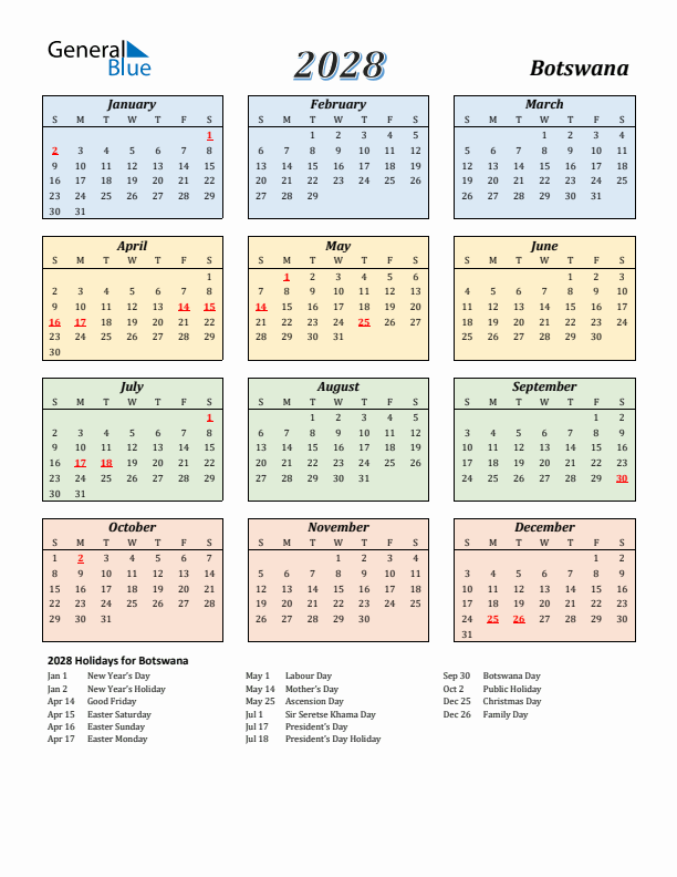 Botswana Calendar 2028 with Sunday Start